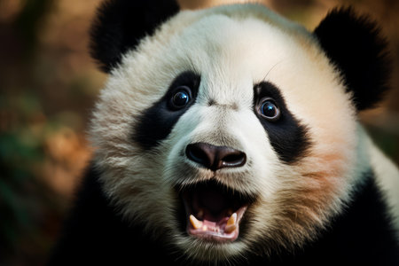 Detailed close-up of a giant pandas face showing its expressive eyes and mouth slightly openの素材