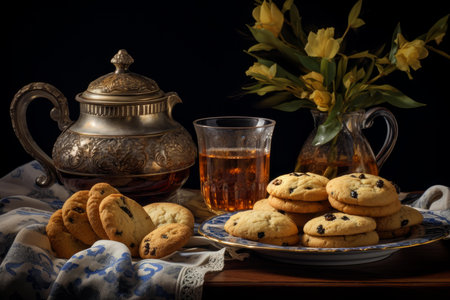 Dainty Tea cookies on wooden board. Summer food in field nature. Generate Aiの素材
