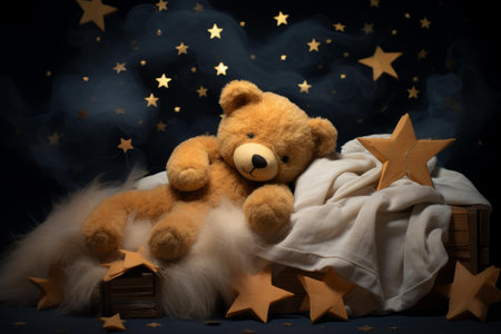 Whimsical Teddy bear smile sleeping stars. Fun sleep greeting card dream. Generate Aiの素材