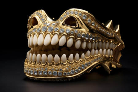 Lavish dragon skull adorned with gold and gemstones on a dark backgroundの素材