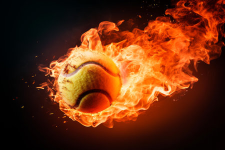 Flaming Tennis ball fire power. Digital art. Generate Aiの素材