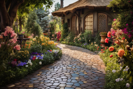 Tranquil Tile path backyard flowers. Summer grass. Generate Aiの素材