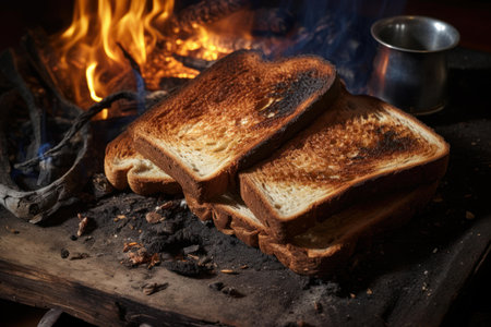 Rustic camping experience: toasting bread over an open flame at the campfire in the wilderness. A comforting and simple meal cooked over the flames, adding a cozy touch to your outdoor adventureの素材