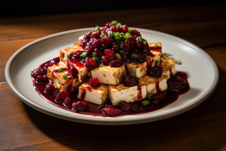 Homely Tofu cubes with cranberries on plate. Vegan appetizer delicacy food sliced in blocks. Generate aiの素材