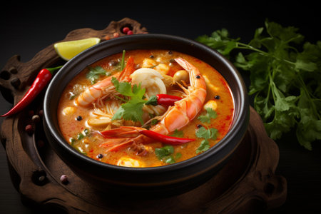 Colorful Tom yam soup bowl. Shrimp food dish spicy chili. Generate Aiの素材
