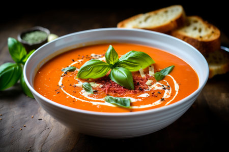 Bowl of creamy tomato soup garnished with basil, croutons, and spices, accompanied by slices of breadの素材