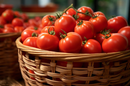 Juicy red tomatoes fill a woven basket, showcasing freshness and organic produce at a local marketの素材