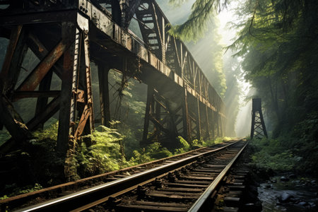 Tranquil and serene misty forest railway bridge surrounded by lush vegetation and atmospheric fog, creating an eerie and rustic scene in the ancient woodlandの素材