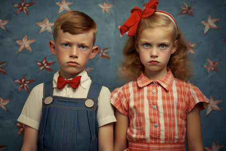 A boy and girl with solemn expressions, dressed in retro outfits against a star-patterned backdropの素材