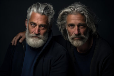 Dramatic portrait of two handsome older men with gray hair, looking at the cameraの素材
