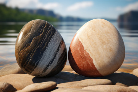 Two perfectly balanced stones on a pebble beach against a calm lake and mountain backdropの素材