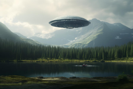 Realistic depiction of a large ufo hovering over a tranquil lake with misty mountains and a lone boatの素材