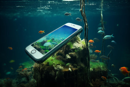 Surreal image of a smartphone submerged in a clear ocean with fish swimming around itの素材