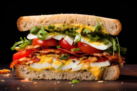 Delectable sandwich with bacon, egg, tomatoes, and greens showcased against a dark backdropの素材