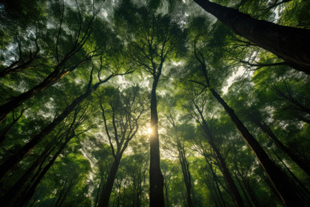 Sunlight pierces through a dense forest canopy, creating a mystical atmosphere among towering treesの素材