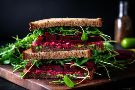 Healthy sandwich with layers of beetroot, avocado, and greens on a rustic wooden boardの素材