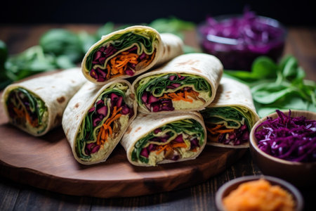 Appetizing vegetable wraps with colorful fillings on a dark wood background, ready to enjoyの素材