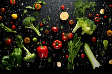 Vibrant array of fresh vegetables and herbs scattered with water droplets on a dark, sleek surfaceの素材