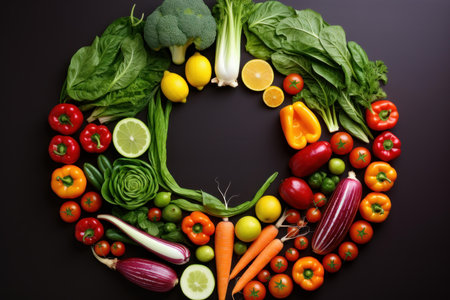 Assorted vegetables and fruits arranged in a circular pattern on a dark surface, creating a vibrant displayの素材