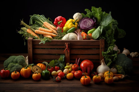 Variety of vibrant, fresh vegetables in a rustic wooden crate on a dark backgroundの素材