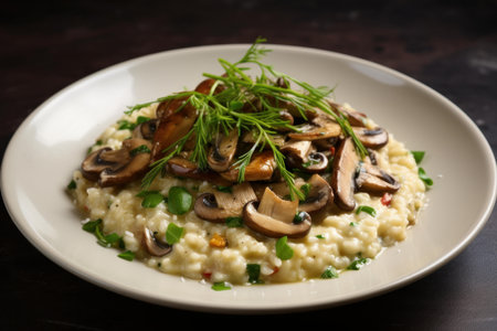 Delicious homemade risotto with sautÃ©ed mushrooms and fresh herbs on a white plateの素材