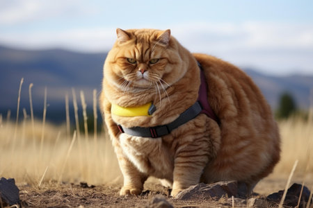 A majestic british shorthair cat with a harness stands in a field, gazing into the distanceの素材