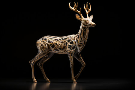 Artistic golden stag sculpture with intricate designs, showcased on a sleek black backdropの素材