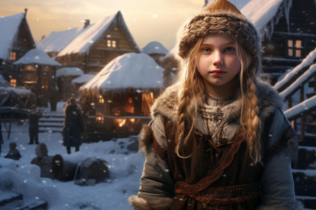 A serene portrait of a girl with winter attire in a quaint snow-covered village at duskの素材