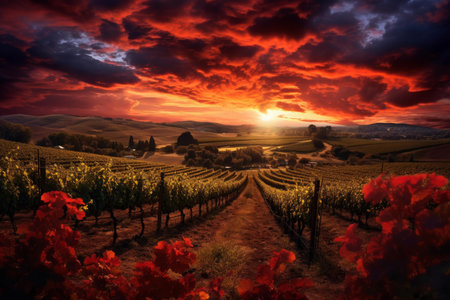 Stunning red sunset sky casting warm light over the rolling vineyard landscapeの素材