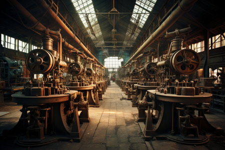Atmospheric image showcasing rows of old machinery in a derelict industrial settingの素材