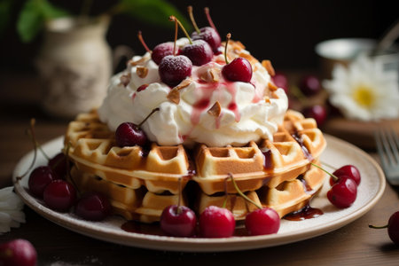 Close-up shot of freshly baked waffles topped with whipped cream and fresh cherries on a plateの素材