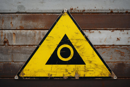 Grunge textured yellow and black triangular hazard sign against a corroded metal backdropの素材