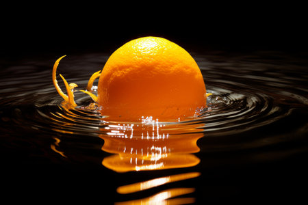 An orange with peel spiraling making a splash in dark water, high contrast imageの素材