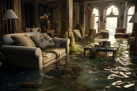 Elegantly designed living room submerged in water with sunlight filtering through the windowsの素材