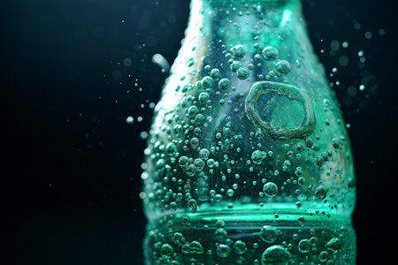 A close-up of vibrant blue glass bottle with fizzing water bubbles against a dark backgroundの素材