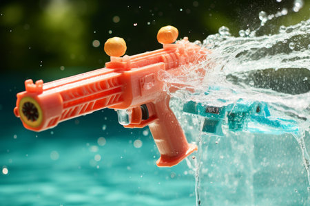 Close-up of a water pistol shooting with splashes, capturing the dynamic movementの素材