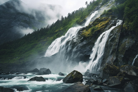 Powerful waterfall cascades down a foggy mountain surrounded by lush greeneryの素材