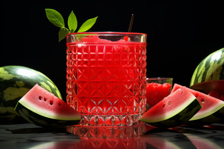 Vibrant watermelon juice served in a textured glass, with fresh slices and whole fruit backdropの素材