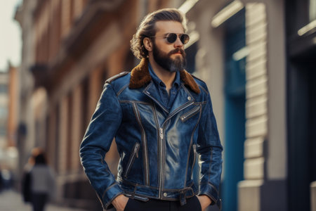 Stylish young man with beard wearing sunglasses and denim jacket on city streetの素材