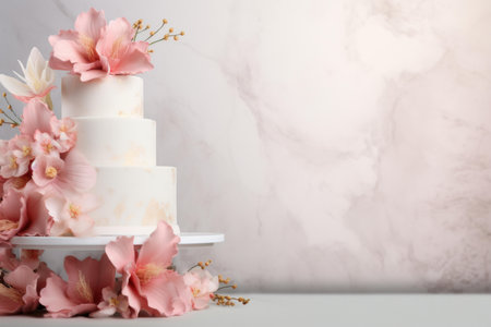 Sophisticated tiered wedding cake decorated with pink flowers against a marble backdropの素材