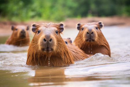 Group of capybaras calmly swimming in a river, with a focus on one looking at the cameraの素材
