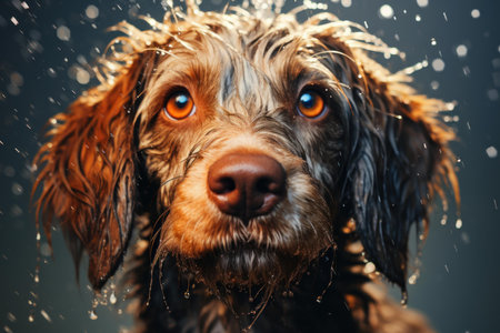 Close-up portrait of a dog with water droplets and deep, expressive eyesの素材