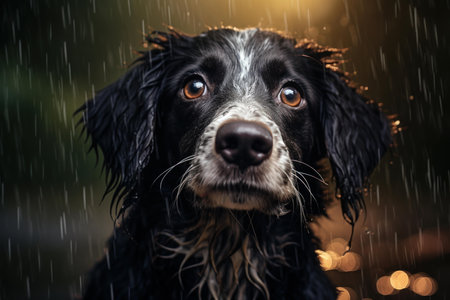 Close-up of a wet black dog with soulful eyes during a rain shower, featuring bokeh lightsの素材