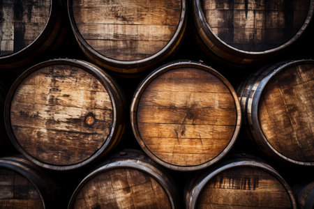 Close-up view of aged wooden barrels used for storing and aging wine in a dark cellarの素材