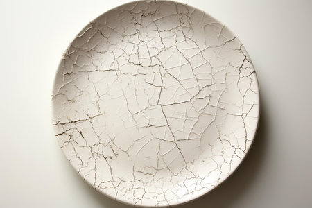 Top view of a ceramic plate with a detailed cracked glaze surface, isolated on whiteの素材