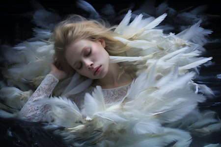 Serene young woman in a lace dress peacefully asleep, enveloped by soft white feathersの素材