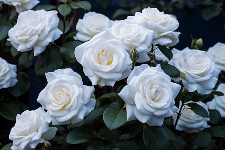 Delicate white roses with dewdrops bloom against a moody dark backdropの素材