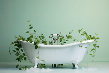 Elegant white clawfoot bathtub adorned with greenery in a tranquil, spa-like settingの素材