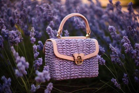 Stylish textured handbag amongst vibrant lavender flowers at twilightの素材