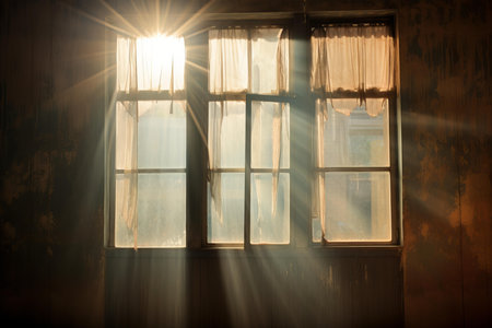 Warm sunset rays filtering through tattered curtains in an old, abandoned roomの素材